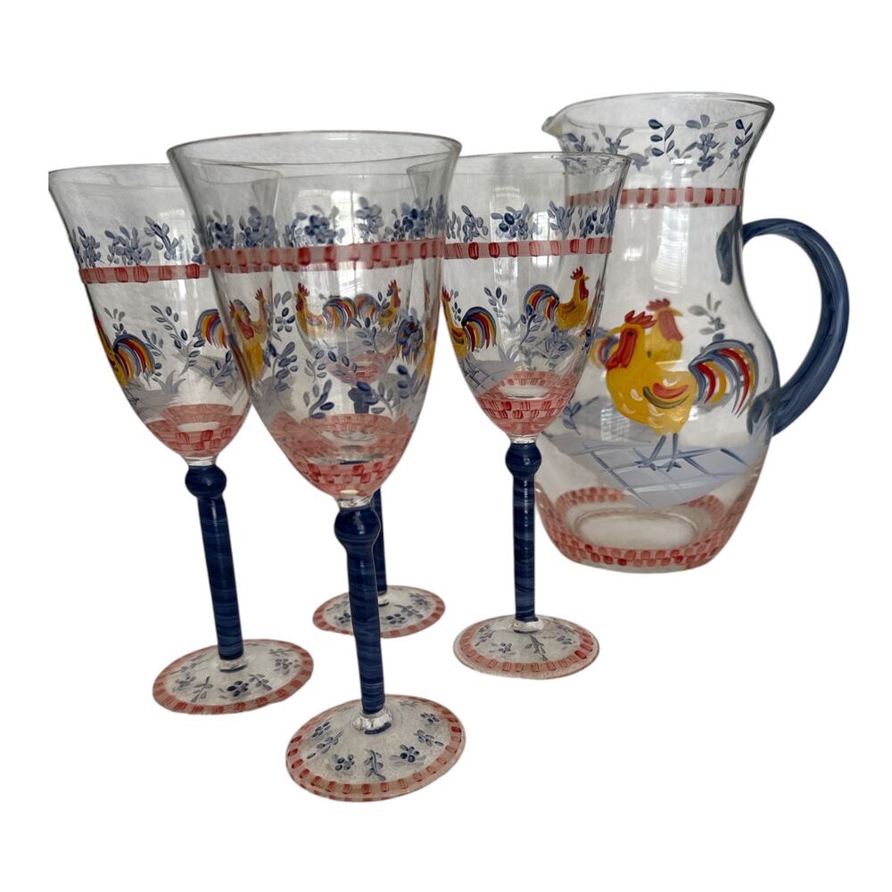 Hand Painted Rooster Glass Pitcher and 4 Glasses Set Cottage Farm Core - Picture 10 of 10